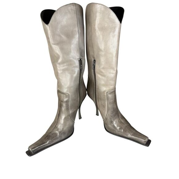 Jeffrey Campbell Dulcimer Gray Pewter Leather Mid-Calf Sculpted Heel Boots 9.5 - Picture 7 of 12